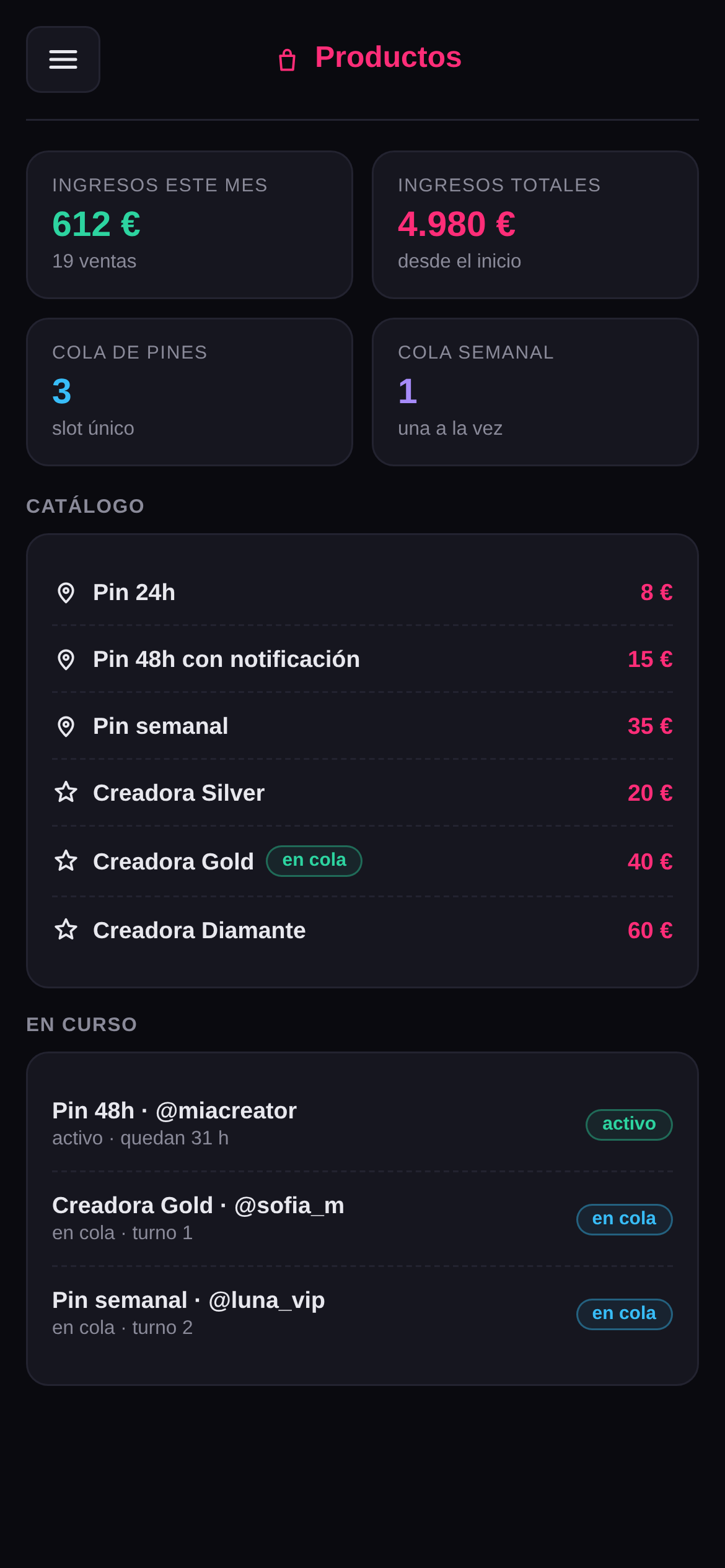 Panel de gestión en el móvil: sección Productos con ingresos, catálogo y órdenes en curso